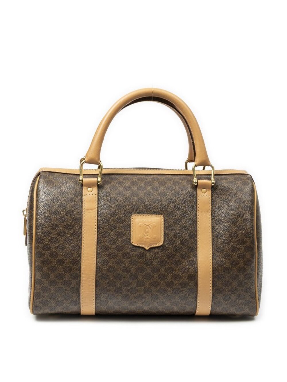 Celine Vintage Small Boston Brown Beige Macadam Canvas Handbag